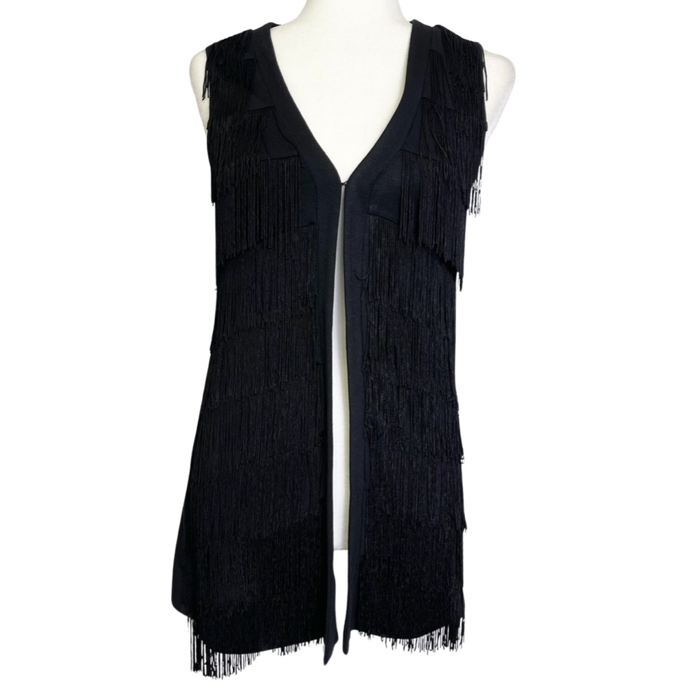 NWT Vivivene Tam Fringe Vest Cardigan Hippe Open Front Black Size Small